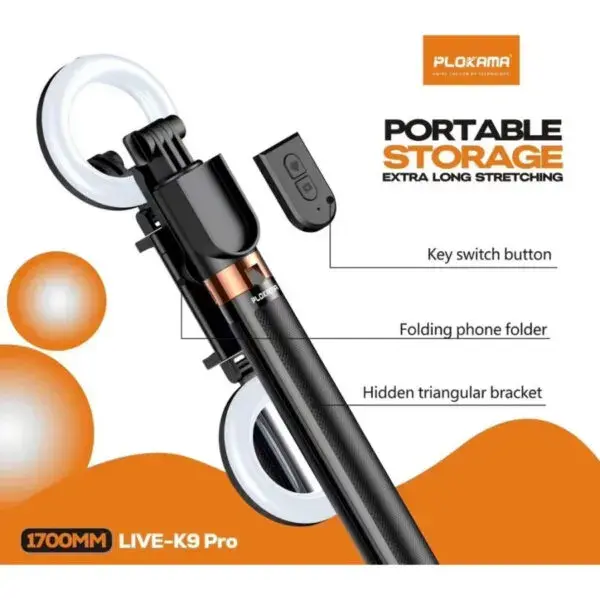 Plokama LIVE-K9 Pro 1700mm Ultra Long Selfie Stick with Tripod Stand & Ring Light – Adjustable, Portable for Mobile Vlogging & Live Streaming